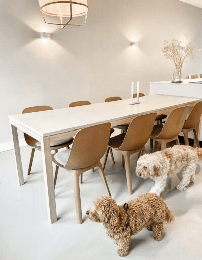Rechthoekige eettafel met houten stoelen